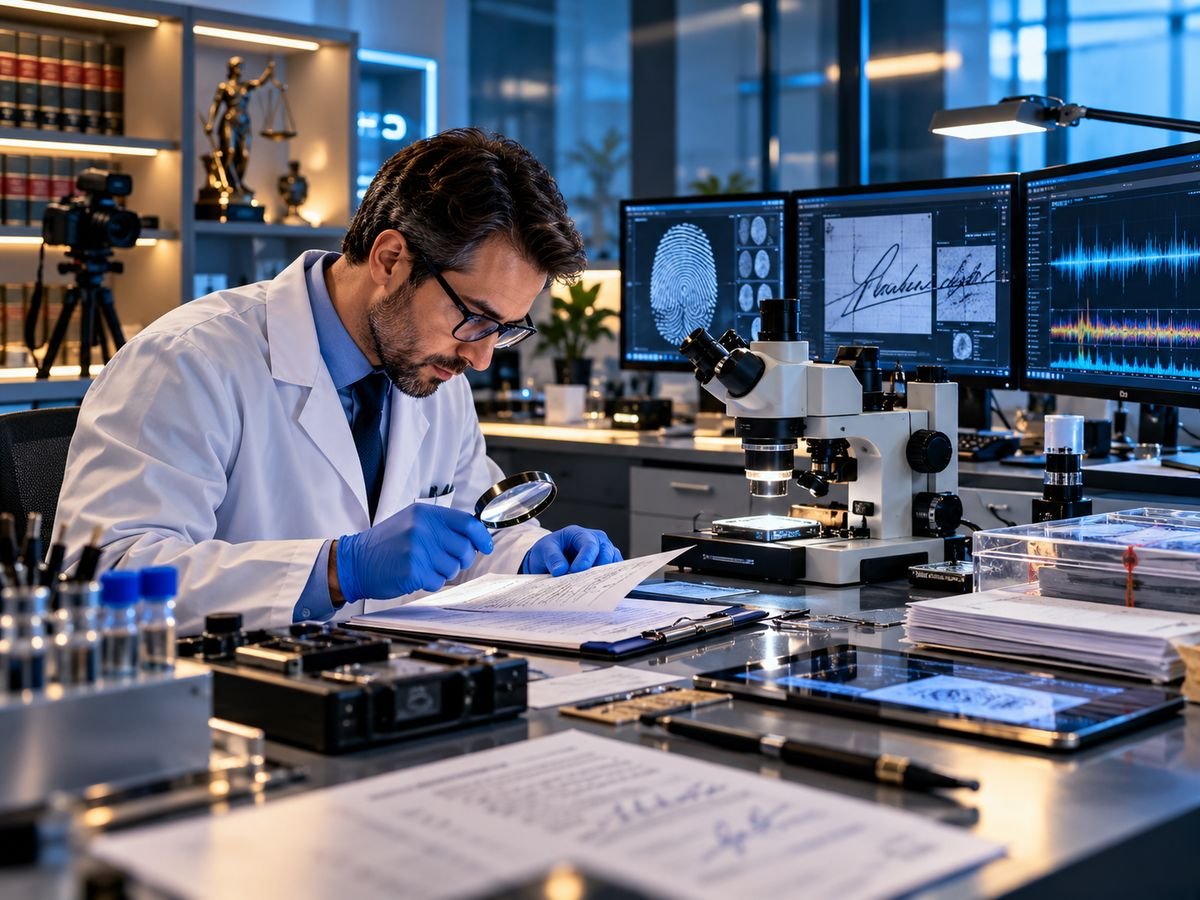 Perito de jaleco examinando documento com lupa em laboratório forense, com microscópio e monitores de análise