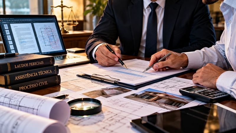 Assistente técnico analisando laudo pericial com o cliente