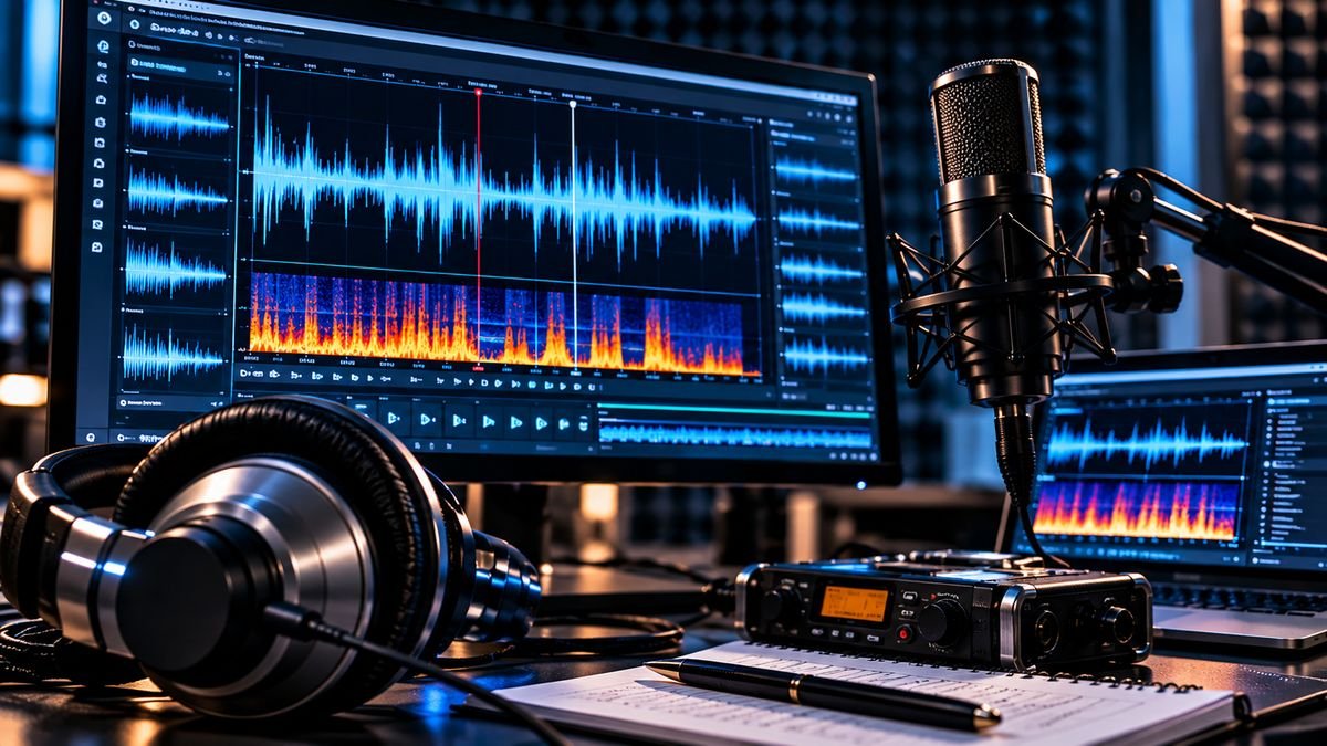 Estação de análise forense de áudio com forma de onda, espectrograma, microfone e fones