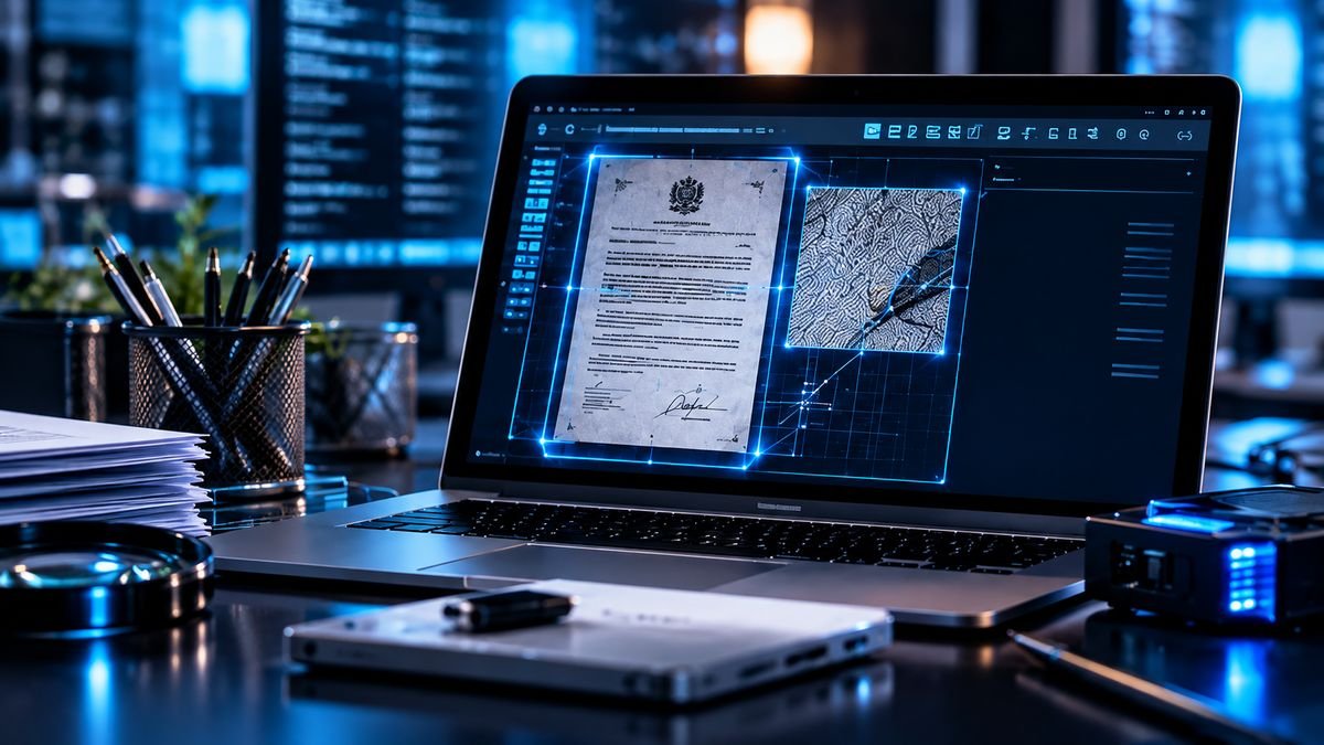 Análise de documento digital em notebook com software forense