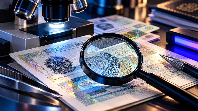 Exame de elementos de segurança de documento com lupa, microscópio e luz ultravioleta