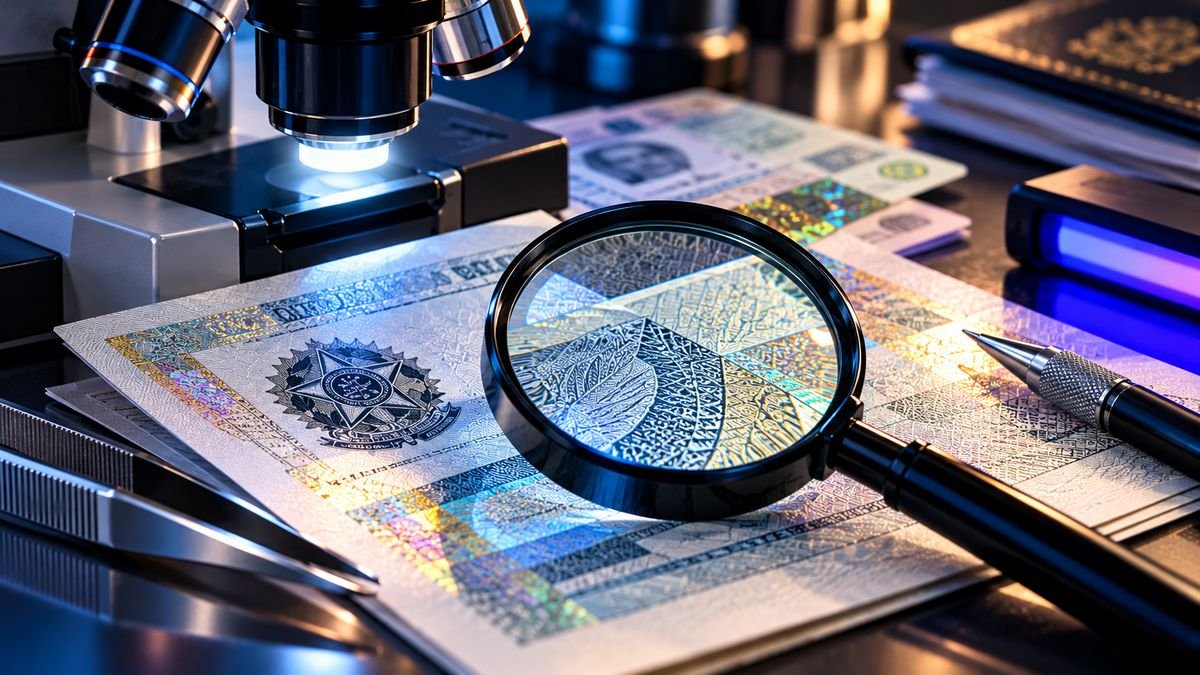 Exame de elementos de segurança de documento com lupa, microscópio e luz ultravioleta