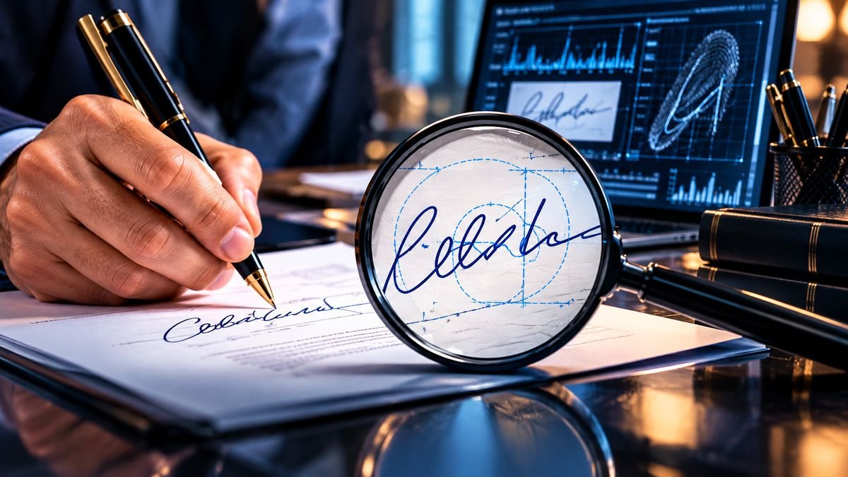 Perito analisando assinatura com lupa e software de comparação grafotécnica