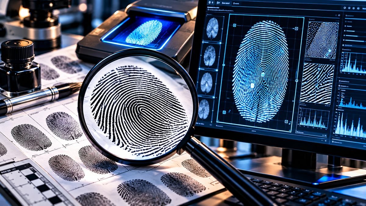 Confronto de impressões digitais em fichas e em sistema biométrico, com lupa