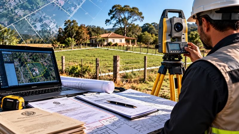 Levantamento de campo com estação total, mapa georreferenciado e documentos do imóvel