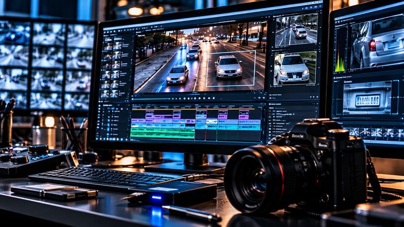 Análise forense de vídeo com quadros ampliados de veículos e linha do tempo